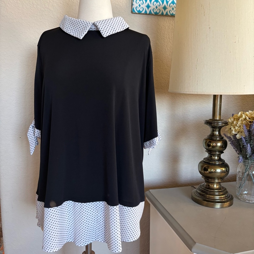 MISIA Curvy lightweight blouse black polka dot Womens 3x short sleeves collared